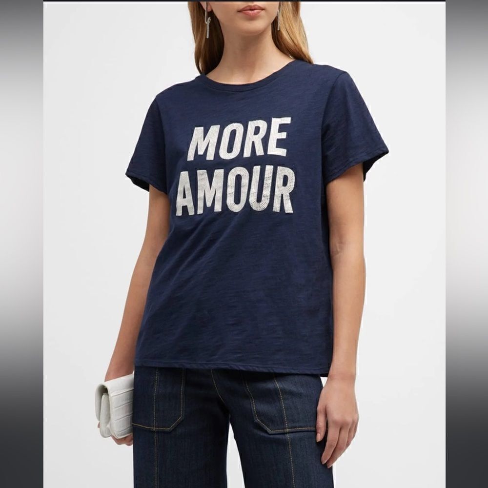NWT Cinq a Sept More Amour Rhinestone Graphic Tee Navy XS